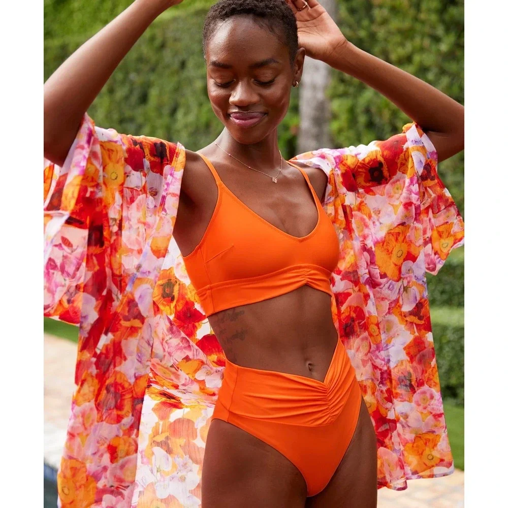 Aerie Chiffon Sheer Floral Kimono‎ Swim Cover Up Orange Pink Beach Resortwear OS